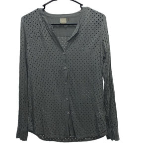 Ecru 100% silk eyelet button up v-neck long sleeve shirt size xs blouse